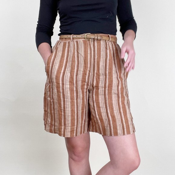 Vintage 100% Linen High Rise Waisted Shorts Long Inseam Wide Leg Relaxed Fit - Picture 8 of 8